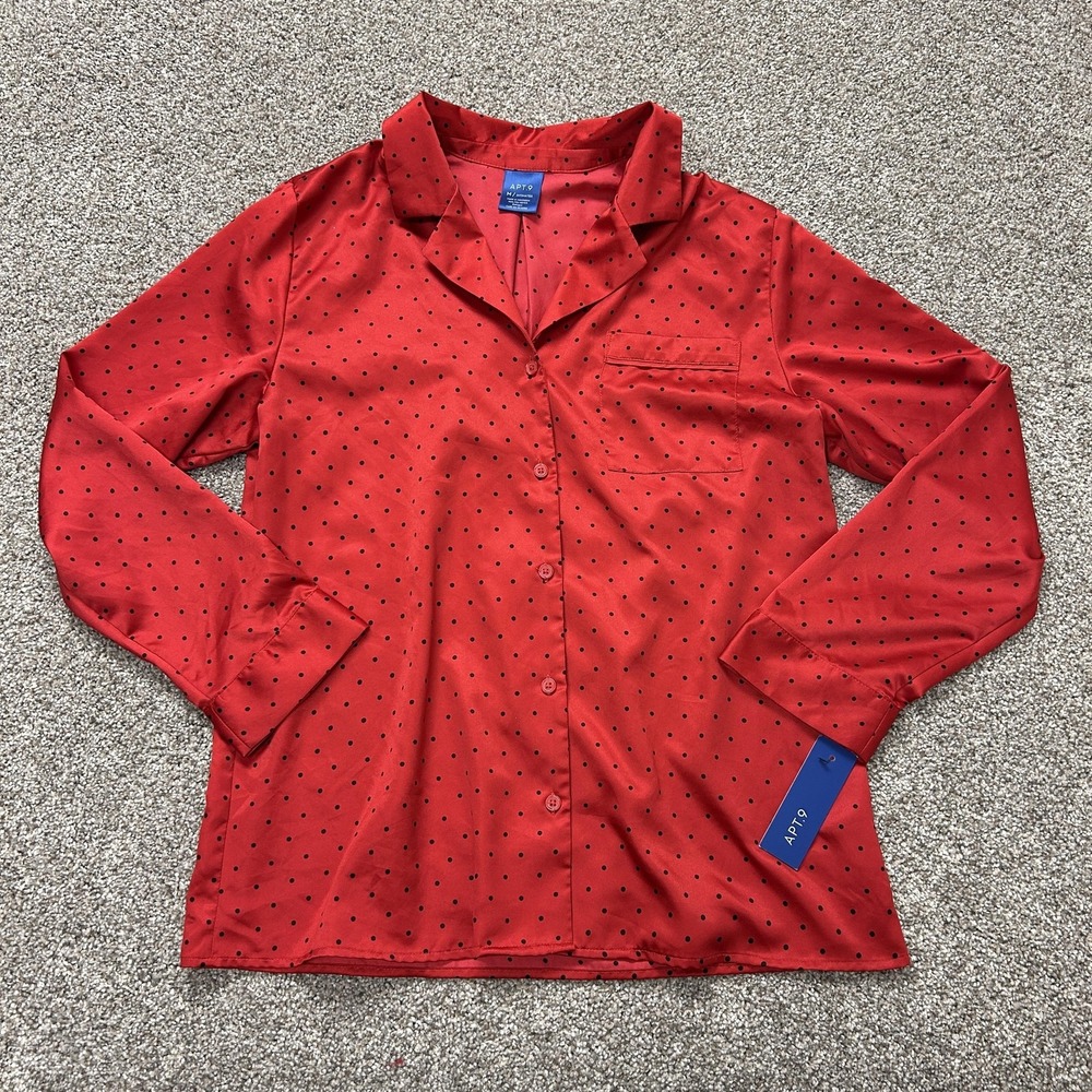 APT. 9 Pajama Top Womens Medium Red Polka Dot Satin Long Sleeve Sleepwear